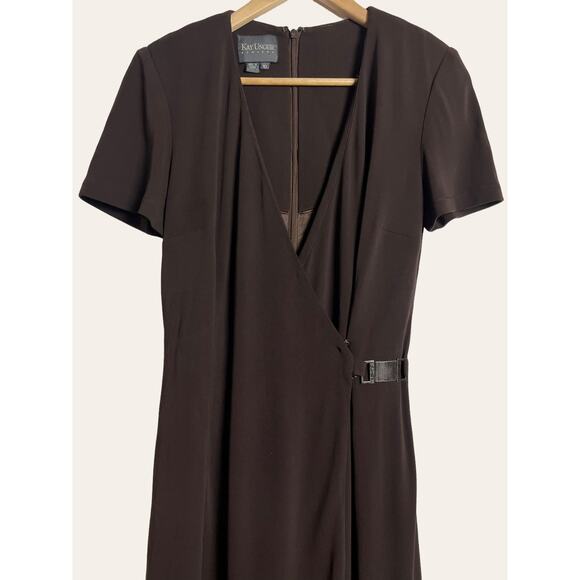 Kay Unger Chocolate Brown Short Sleeve V-Neck Wrap Dress Size 10 - Picture 2 of 6